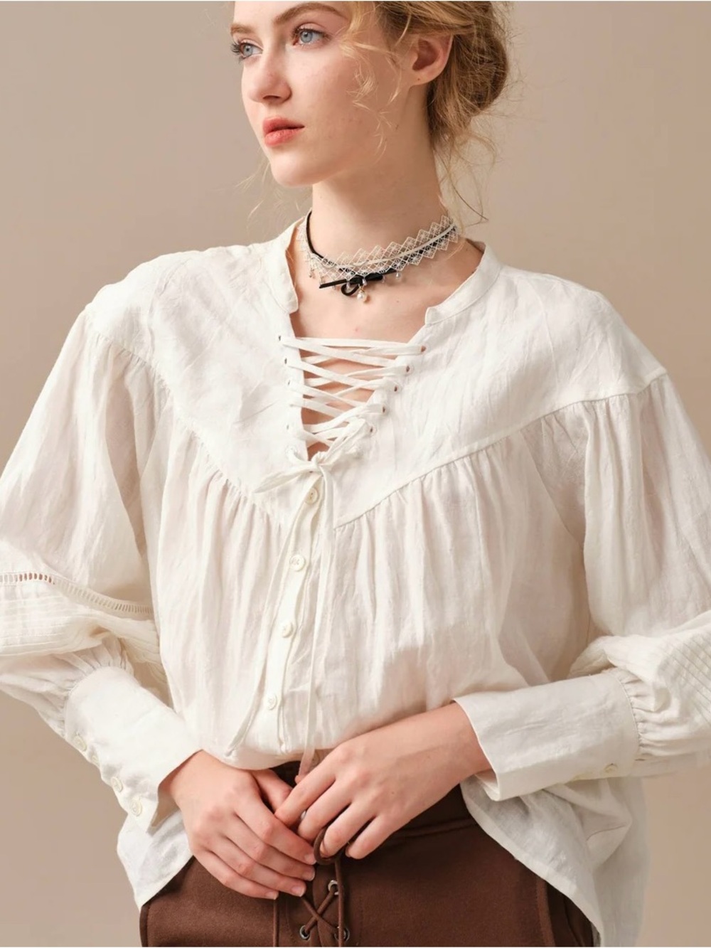 Lace up Linen shirt blouse Linennaive with bell sleeves